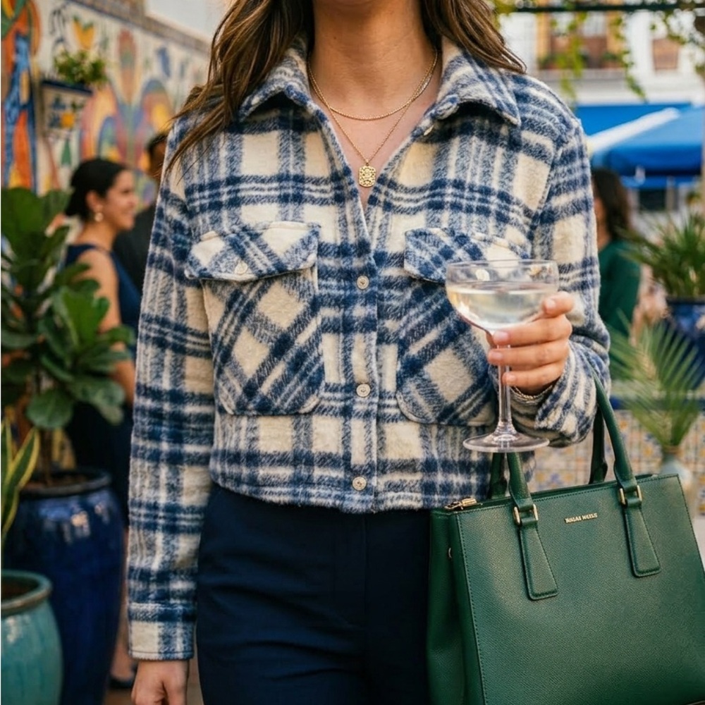 Zara Blue and Cream Plaid Jacket